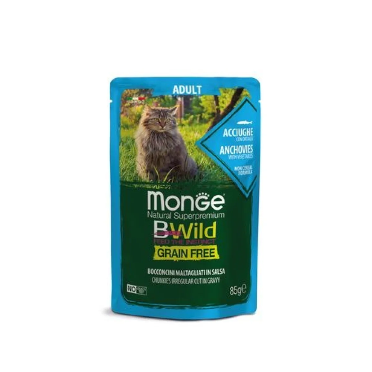 MONGE BWild Cat Grain Free Adult 85g alutasak felnőtt macskáknak szardella zöldségekkel