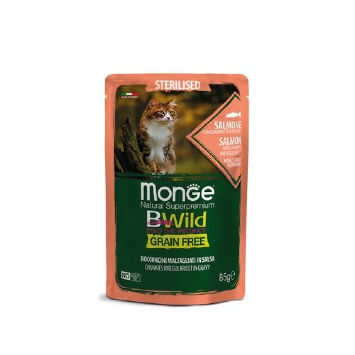 MONGE BWild Cat Grain Free Sterilised 85g alutasak sterilizált macskáknak lazac garnélával és zöldségekkel