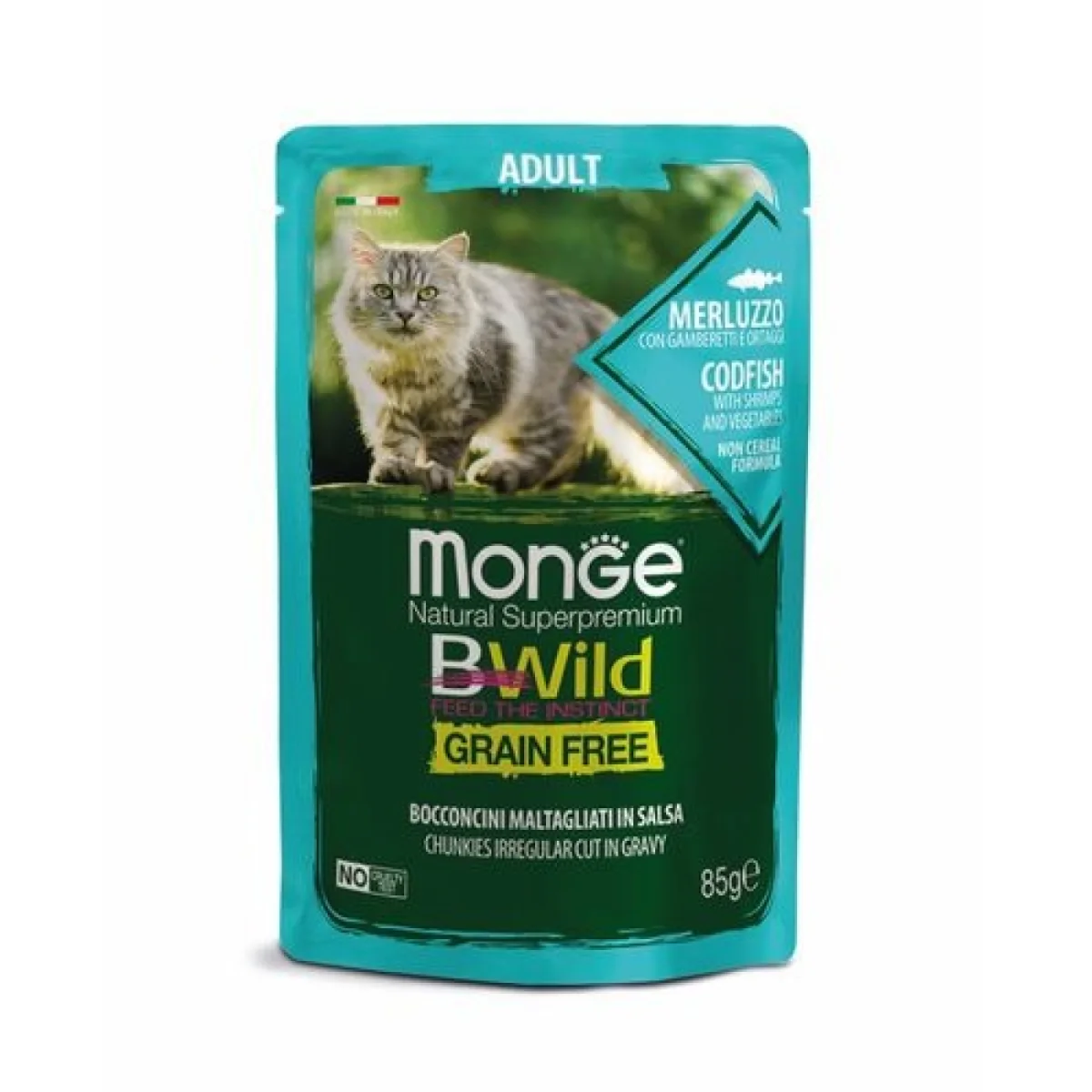 MONGE BWild Cat Grain Free Adult 85g alutasak felnőtt macskáknak tőkehal garnélával és zöldségekkel