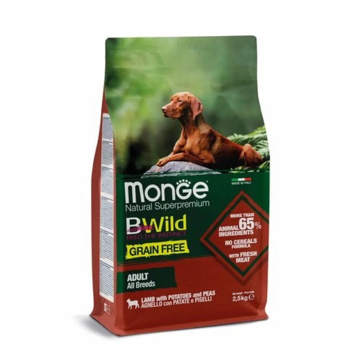 MONGE BWild Grain Free Adult 2,5kg gabonamentes, teljes értékű eledel minden fajtájú felnőtt kutyának bárányhússal, burgonyával és borsóval